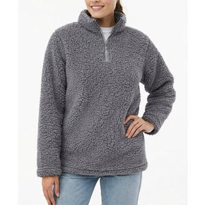 Highland Outfitters Gray Faux Fur Quarter-Zip Sweater, Size L